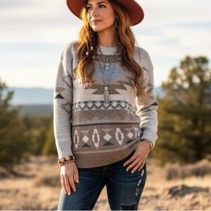 American Eagle Southwestern Geometric Knit Sweater Neutral Taupe Boho Aztec